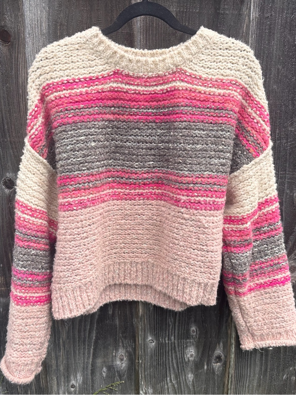Pilcro Cream & Pink Striped Knit Crewneck Sweater